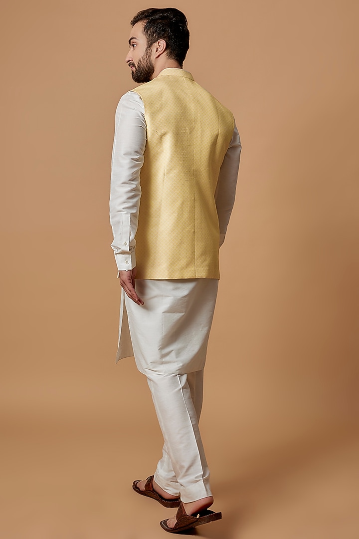 Light Yellow Flat Raw Silk Printed Bundi Jacket by Bubber Couture at Pernia's Pop Up Shop
