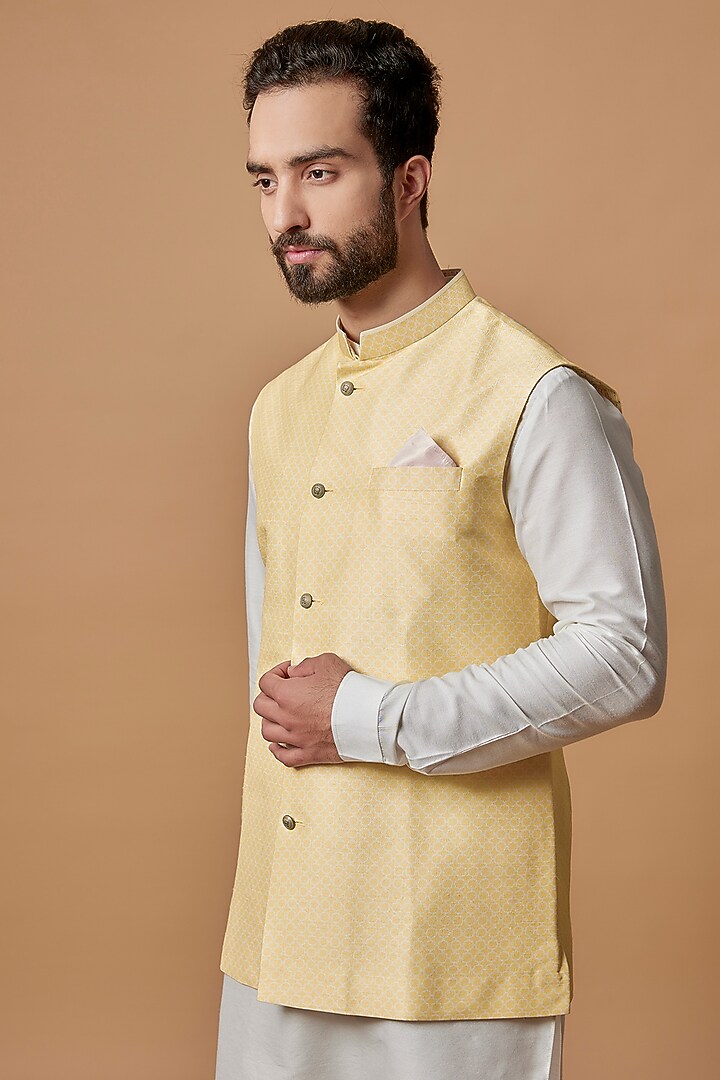 Light Yellow Flat Raw Silk Printed Bundi Jacket by Bubber Couture at Pernia's Pop Up Shop