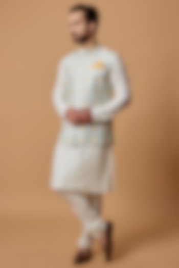 White Flat Raw Silk Printed Bundi Jacket by Bubber Couture