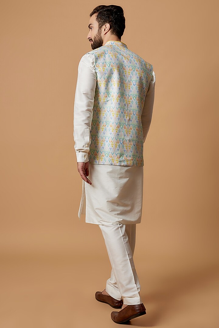 White Flat Raw Silk Printed Bundi Jacket by Bubber Couture at Pernia's Pop Up Shop
