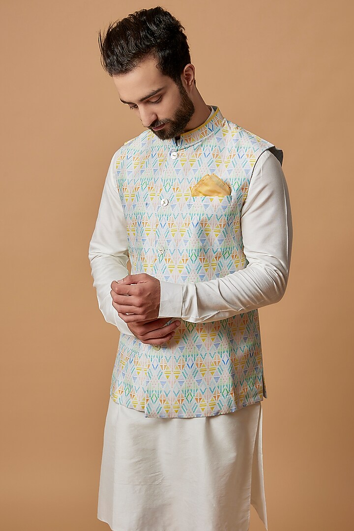 White Flat Raw Silk Printed Bundi Jacket by Bubber Couture at Pernia's Pop Up Shop
