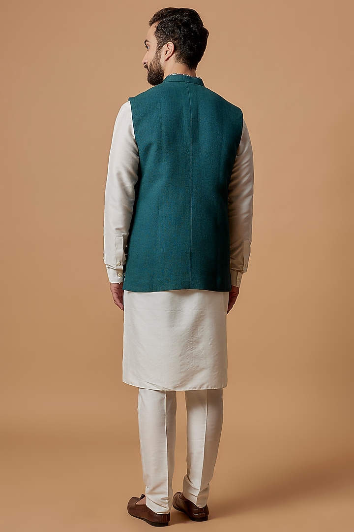 Teal Matka Silk Bundi Jacket by Bubber Couture at Pernia's Pop Up Shop