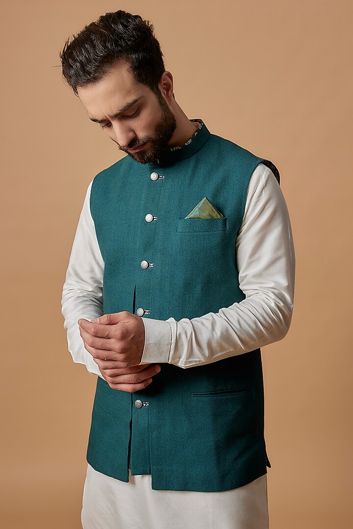 Teal Matka Silk Bundi Jacket by Bubber Couture at Pernia's Pop Up Shop