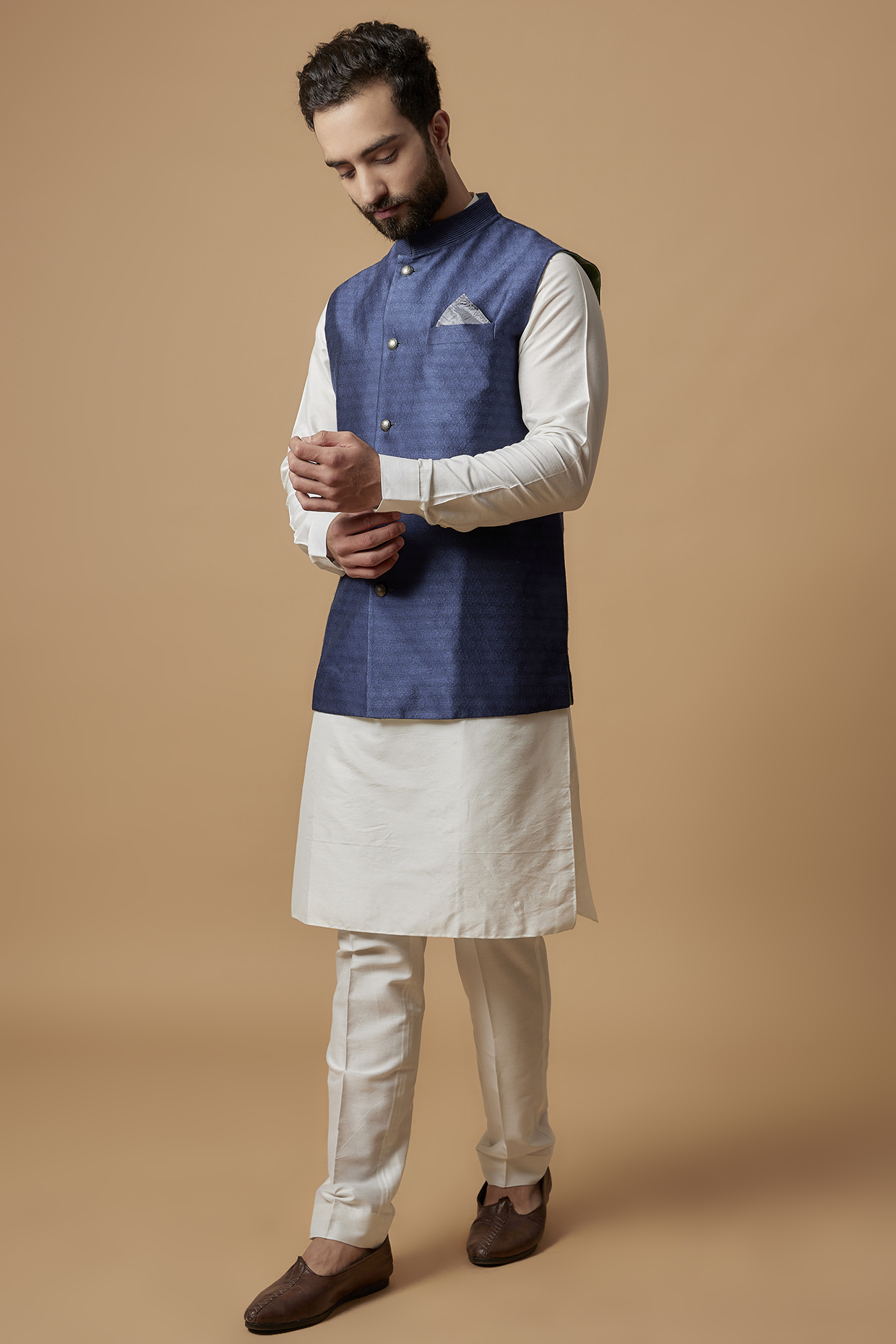 Cobalt Blue Jacquard Silk Bundi Jacket by Bubber Couture
