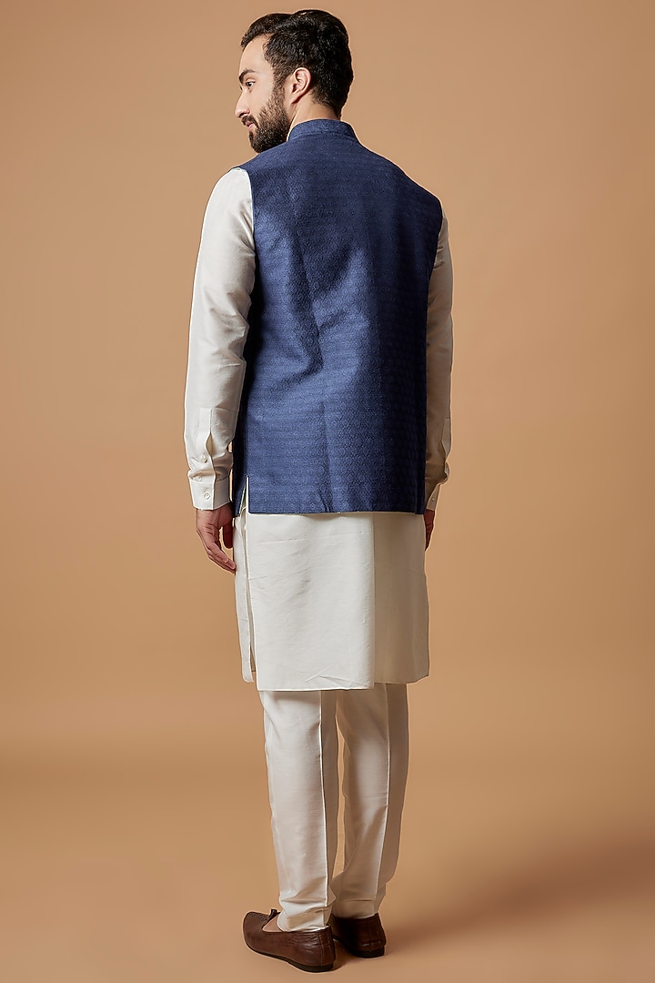 Cobalt Blue Jacquard Silk Bundi Jacket by Bubber Couture at Pernia's Pop Up Shop