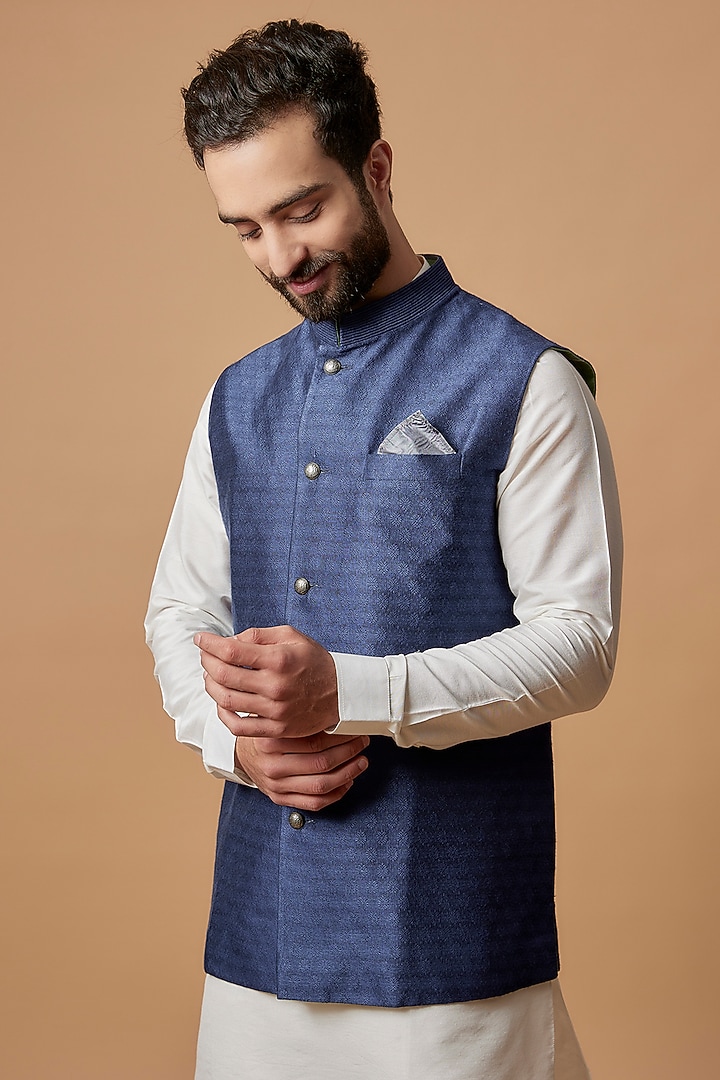 Cobalt Blue Jacquard Silk Bundi Jacket by Bubber Couture at Pernia's Pop Up Shop