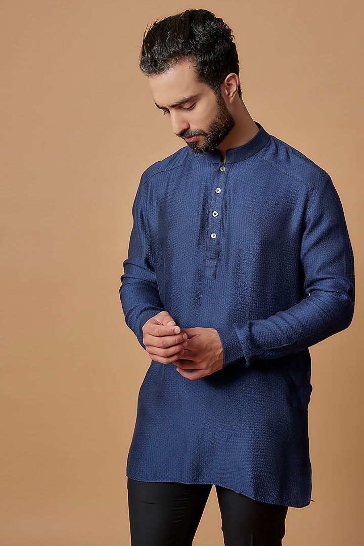 Blue Jacquard Silk Kurta by Bubber Couture at Pernia's Pop Up Shop