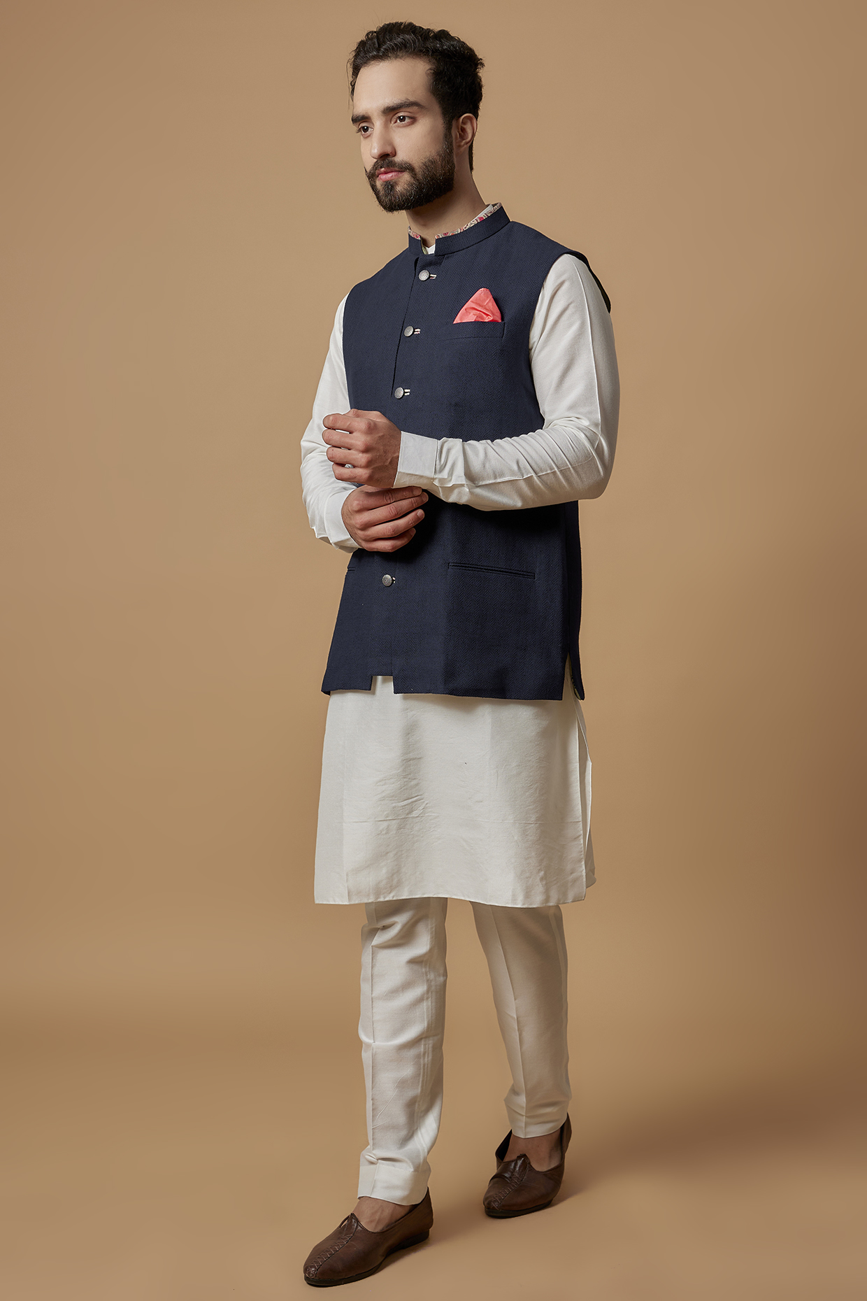 Navy Blue Matka Silk Bundi Jacket by Bubber Couture