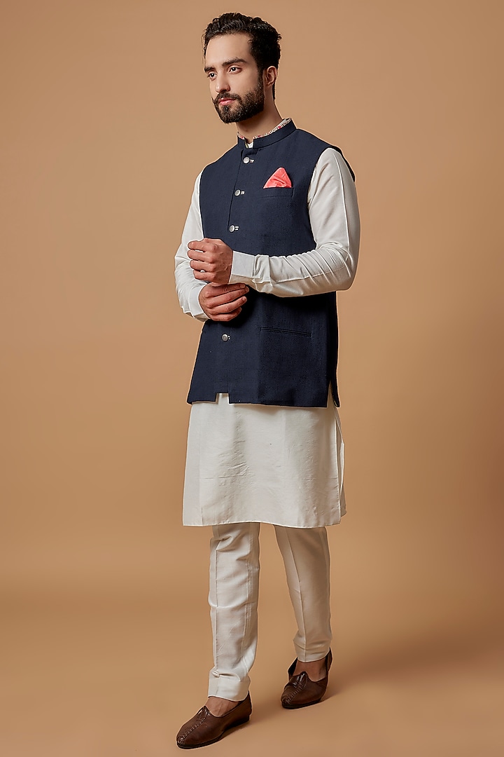 Navy Blue Matka Silk Bundi Jacket by Bubber Couture