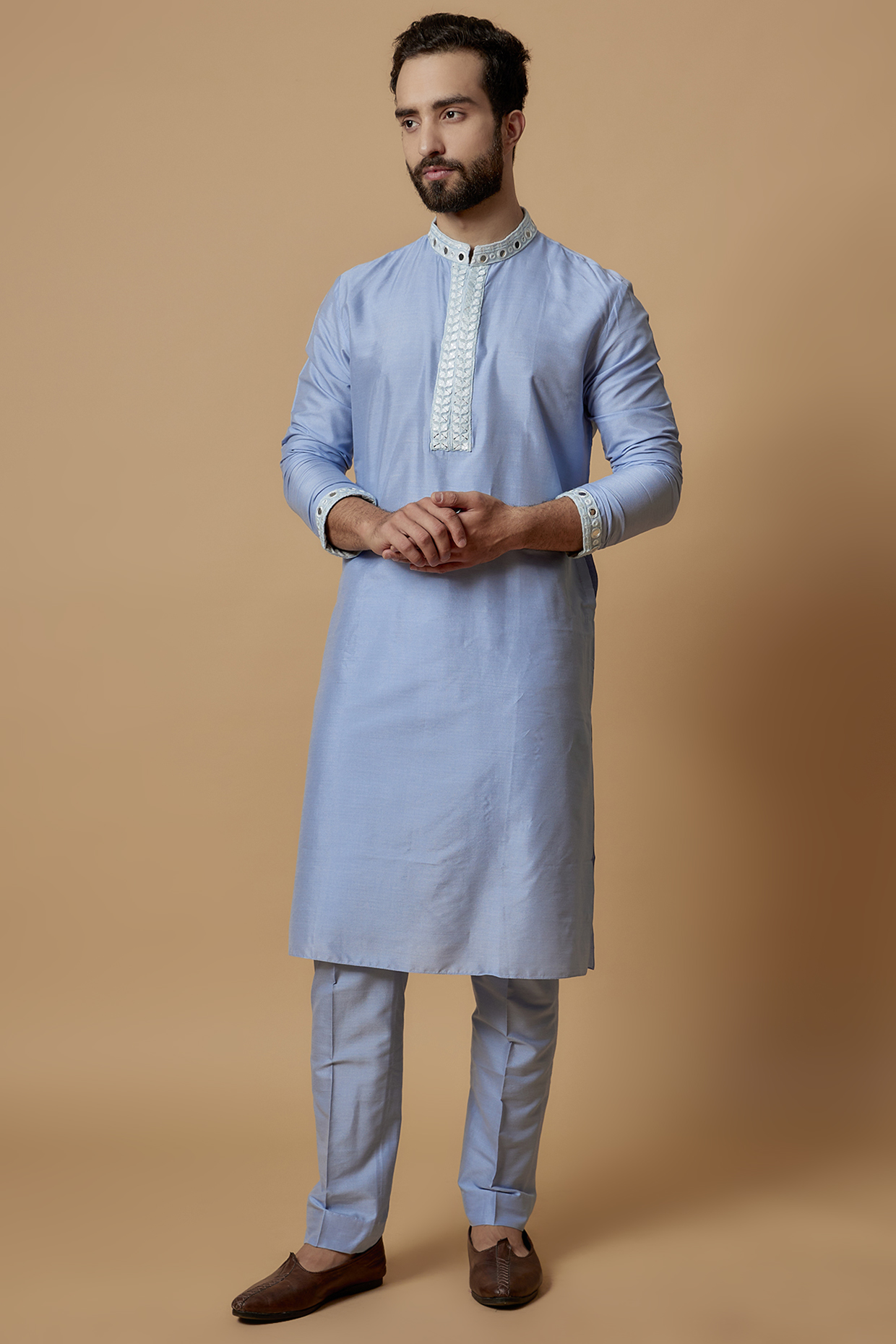 Ice Blue Cotton Silk Embroidered Kurta Set by Bubber Couture