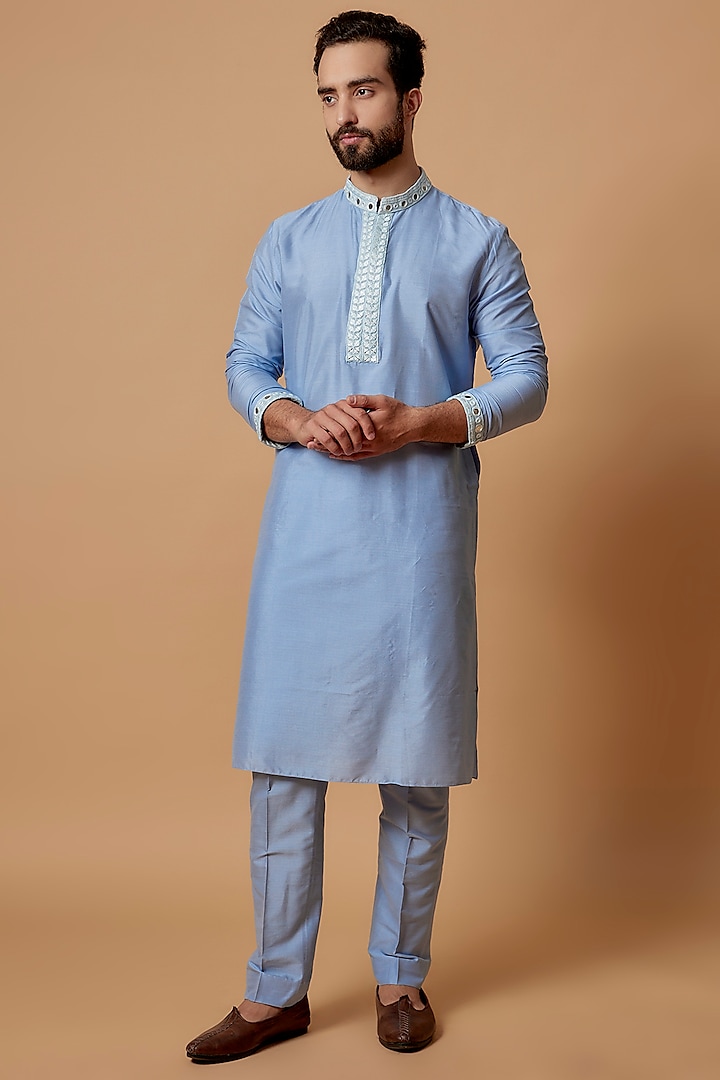 Ice Blue Cotton Silk Embroidered Kurta Set by Bubber Couture