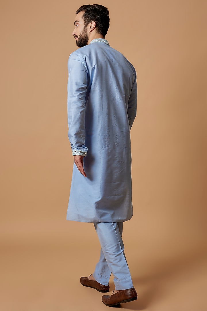 Ice Blue Cotton Silk Embroidered Kurta Set by Bubber Couture at Pernia's Pop Up Shop