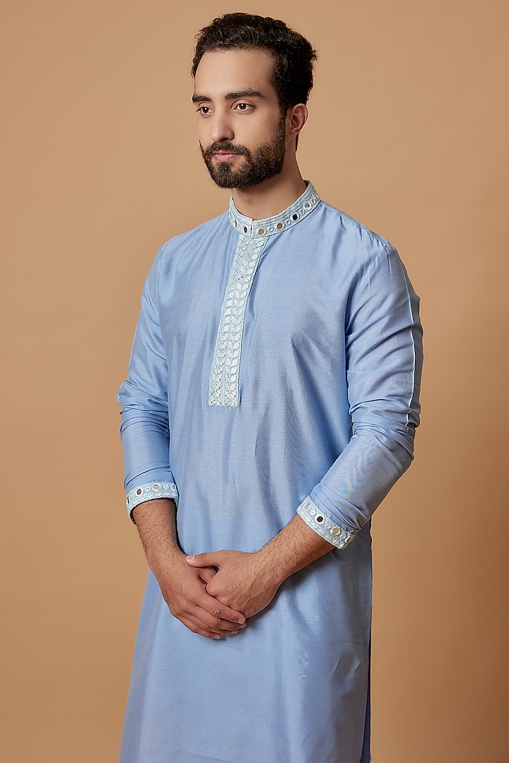 Ice Blue Cotton Silk Embroidered Kurta Set by Bubber Couture at Pernia's Pop Up Shop