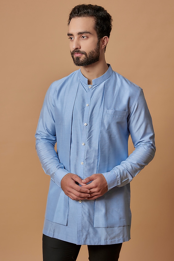 Ice Blue Cotton Silk Shirt Kurta by Bubber Couture at Pernia's Pop Up Shop