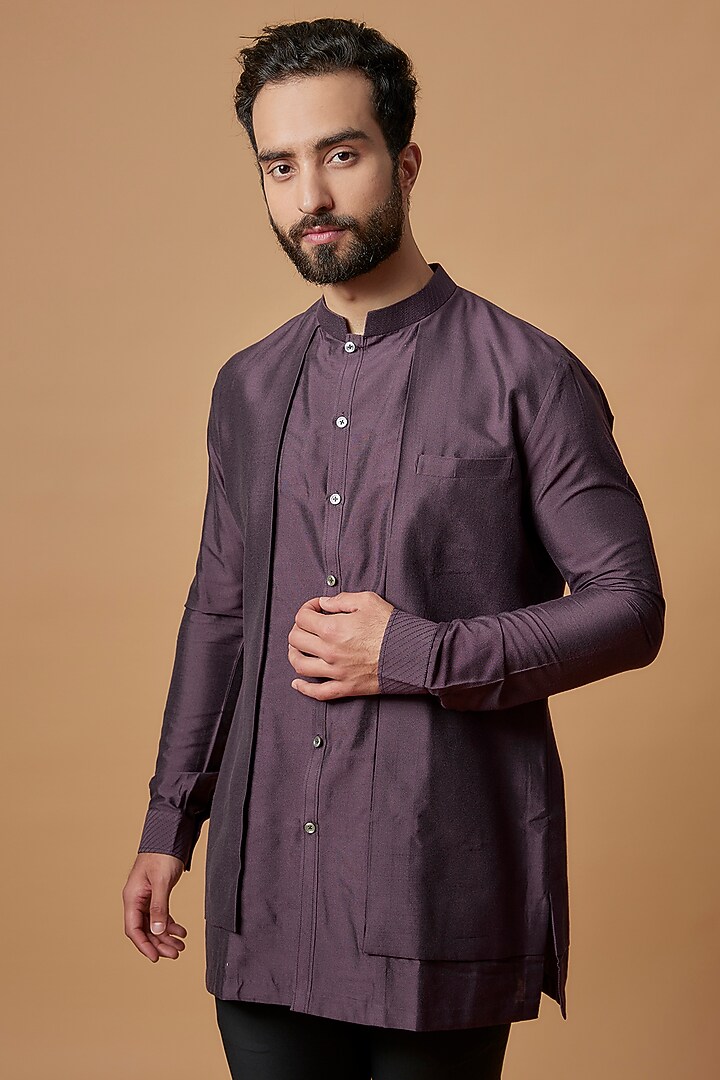 Wine Cotton Silk Layered Shirt Kurta by Bubber Couture at Pernia's Pop Up Shop