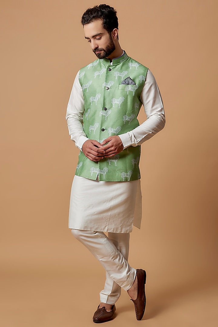 Sage Green Flat Raw Silk Digital Printed Bundi Jacket by Bubber Couture