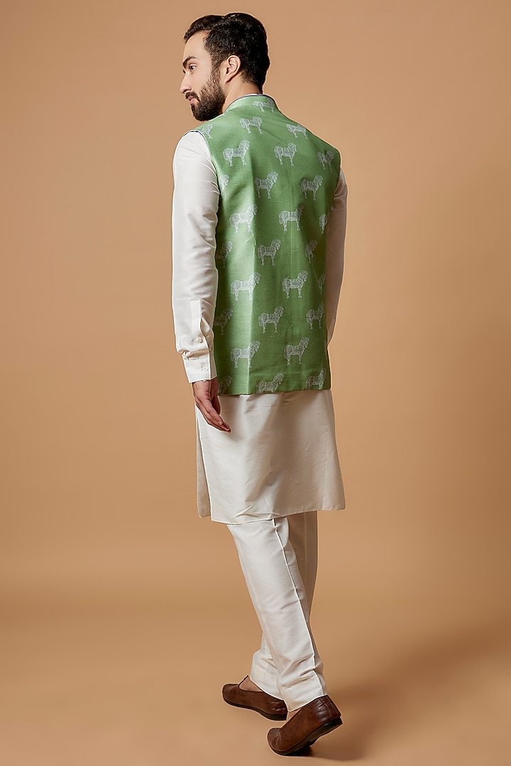 Sage Green Flat Raw Silk Digital Printed Bundi Jacket by Bubber Couture at Pernia's Pop Up Shop