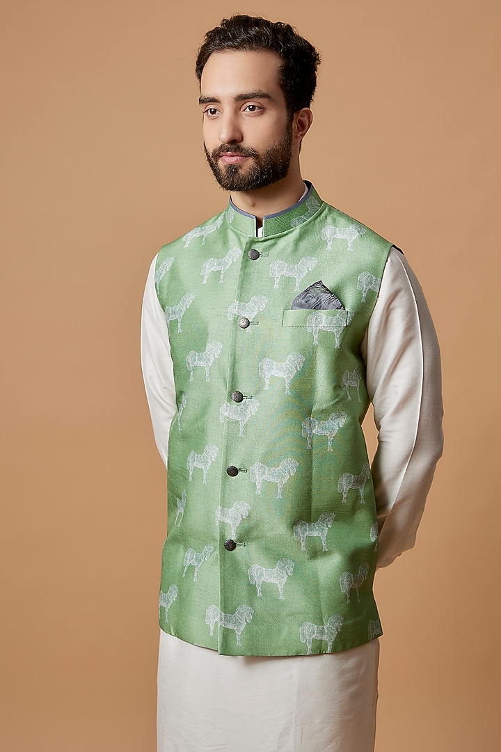 Sage Green Flat Raw Silk Digital Printed Bundi Jacket by Bubber Couture at Pernia's Pop Up Shop