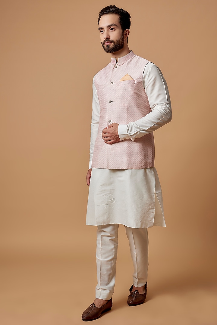 Baby Pink Flat Raw Silk Digital Printed Bundi Jacket by Bubber Couture
