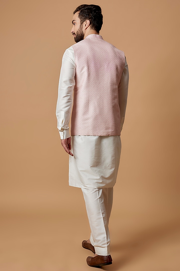 Baby Pink Flat Raw Silk Digital Printed Bundi Jacket by Bubber Couture at Pernia's Pop Up Shop