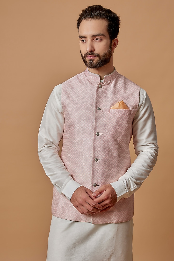 Baby Pink Flat Raw Silk Digital Printed Bundi Jacket by Bubber Couture at Pernia's Pop Up Shop