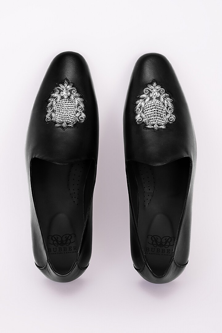 Black Italian Leather Embroidered Mojris by Bubber Couture at Pernia's Pop Up Shop