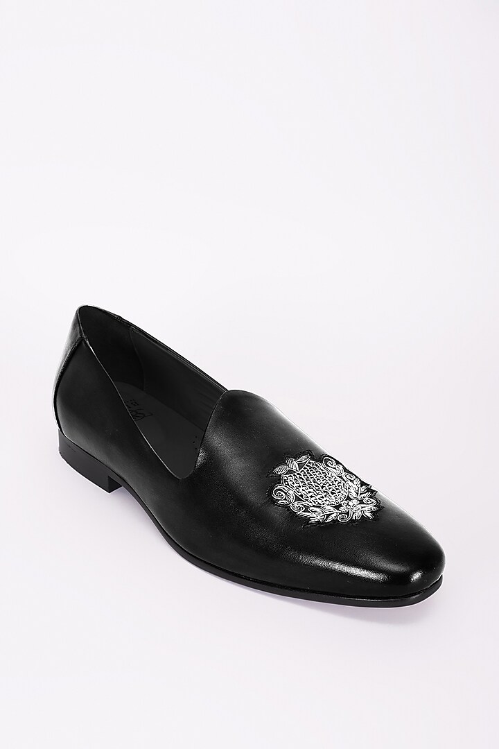 Black Italian Leather Embroidered Mojris by Bubber Couture at Pernia's Pop Up Shop