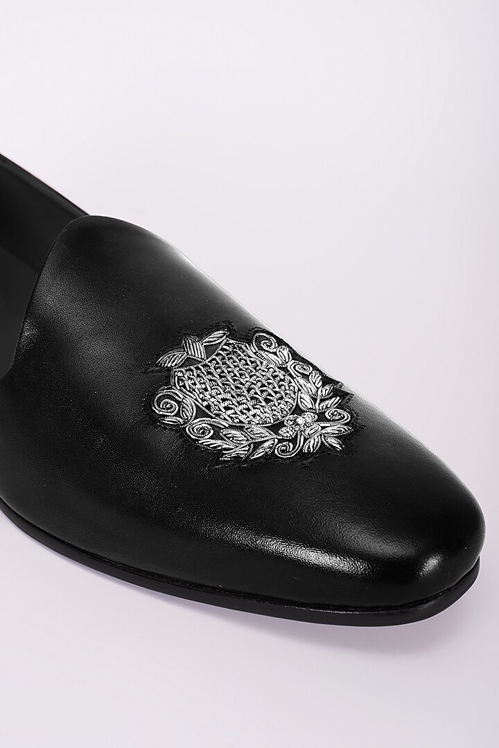 Black Italian Leather Embroidered Mojris by Bubber Couture at Pernia's Pop Up Shop