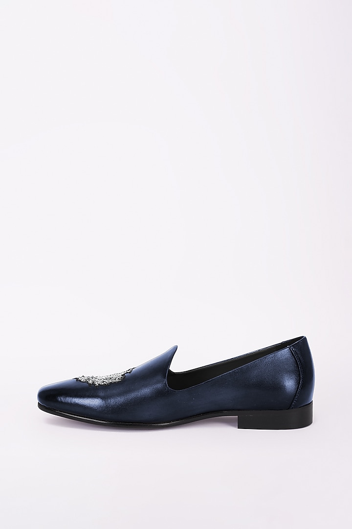 Navy Blue Italian Leather Embroidered Mojris by Bubber Couture