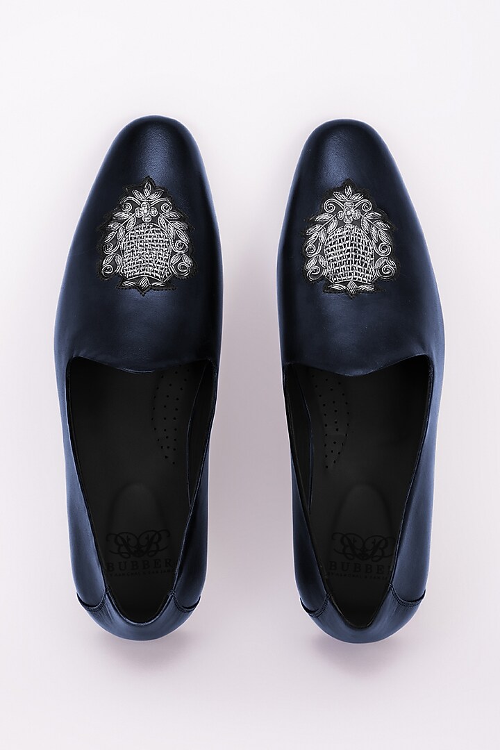 Navy Blue Italian Leather Embroidered Mojris by Bubber Couture at Pernia's Pop Up Shop