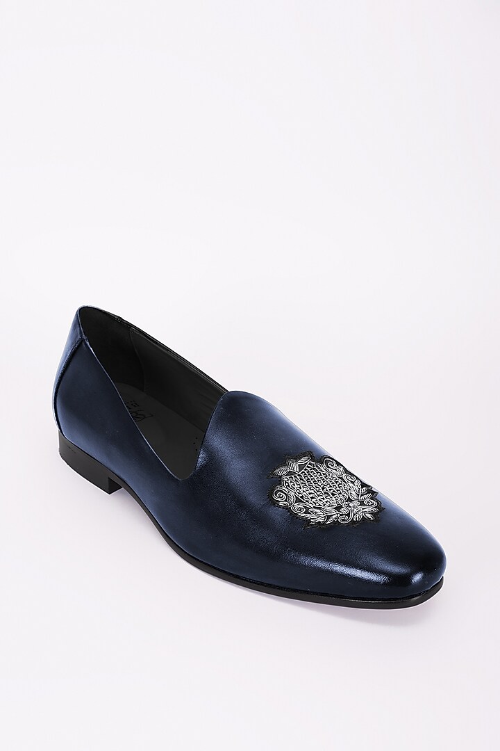 Navy Blue Italian Leather Embroidered Mojris by Bubber Couture at Pernia's Pop Up Shop