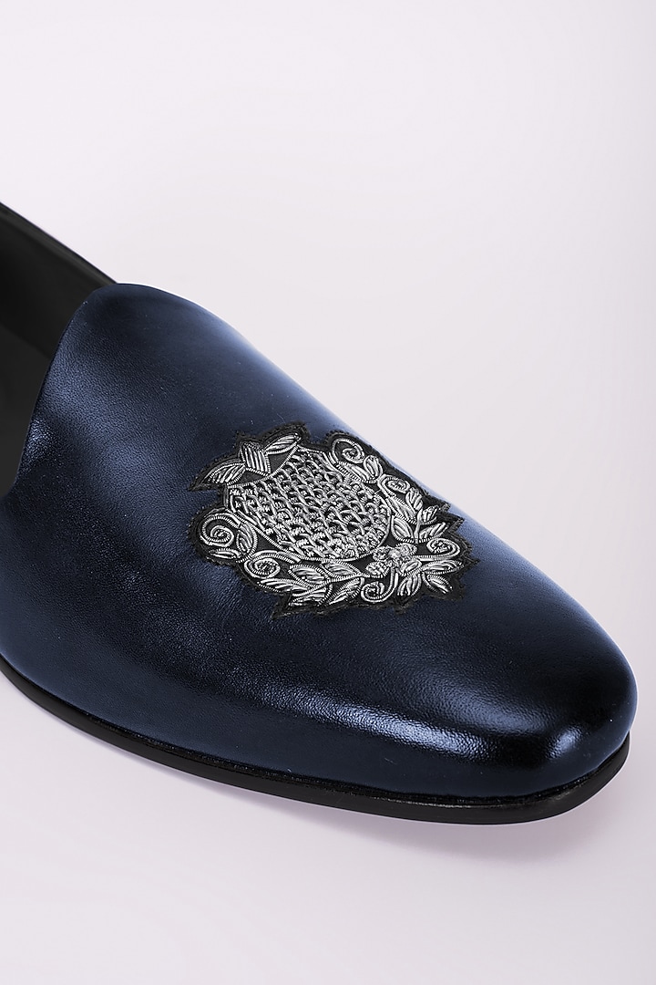 Navy Blue Italian Leather Embroidered Mojris by Bubber Couture at Pernia's Pop Up Shop