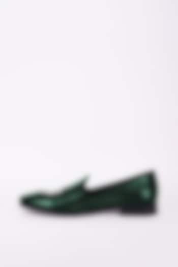 Bottle Green Italian Leather Embroidered Mojris by Bubber Couture at Pernia's Pop Up Shop