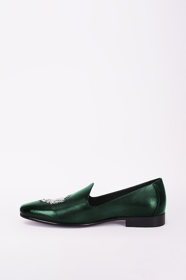 Bottle Green Italian Leather Embroidered Mojris by Bubber Couture at Pernia's Pop Up Shop