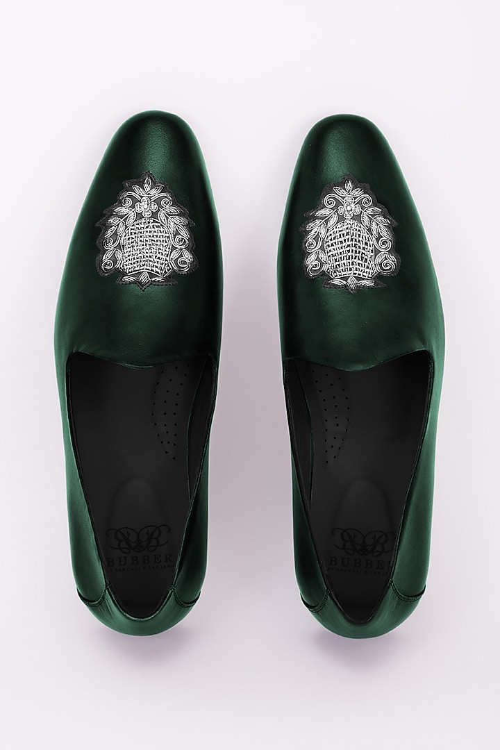 Bottle Green Italian Leather Embroidered Mojris by Bubber Couture at Pernia's Pop Up Shop