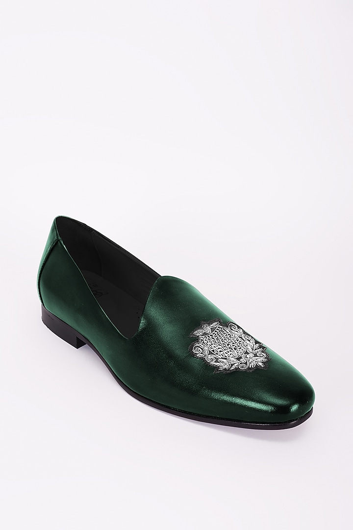 Bottle Green Italian Leather Embroidered Mojris by Bubber Couture at Pernia's Pop Up Shop