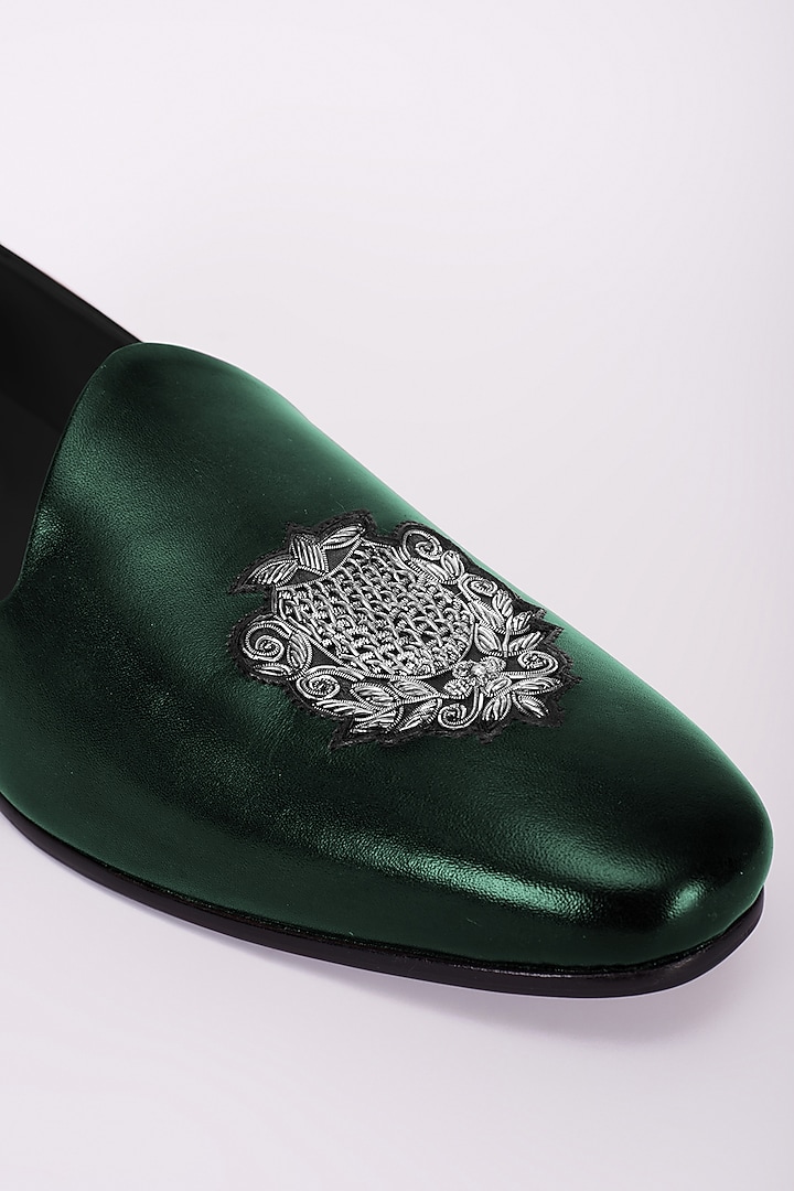 Bottle Green Italian Leather Embroidered Mojris by Bubber Couture at Pernia's Pop Up Shop