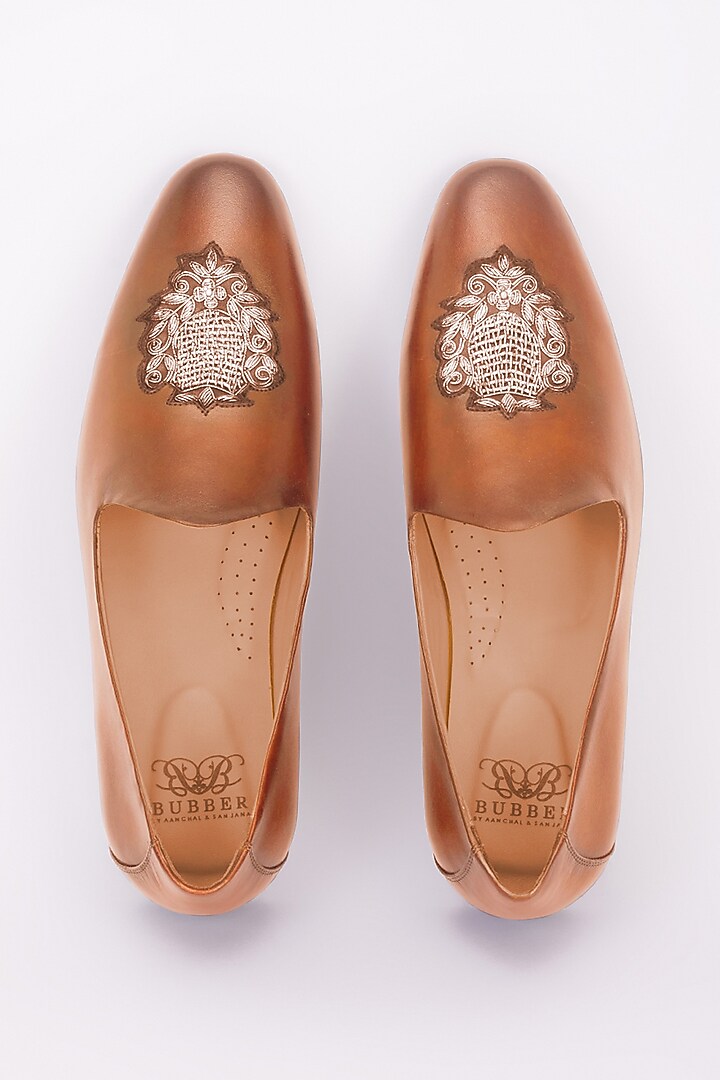 Tan Italian Leather Embroidered Mojris by Bubber Couture at Pernia's Pop Up Shop