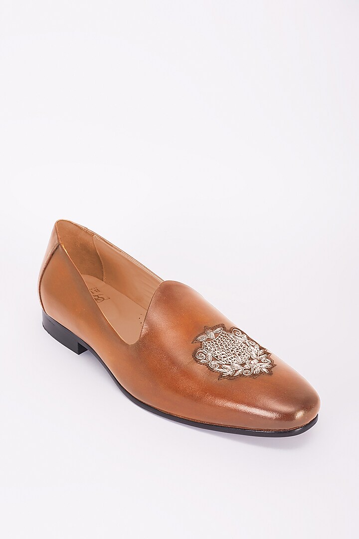 Tan Italian Leather Embroidered Mojris by Bubber Couture at Pernia's Pop Up Shop