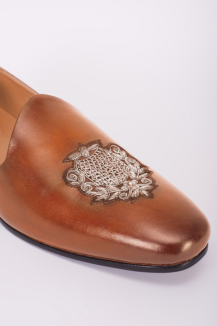 Tan Italian Leather Embroidered Mojris by Bubber Couture at Pernia's Pop Up Shop