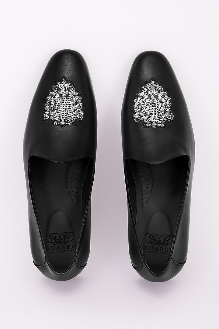 Grey Italian Leather Embroidered Mojris by Bubber Couture at Pernia's Pop Up Shop