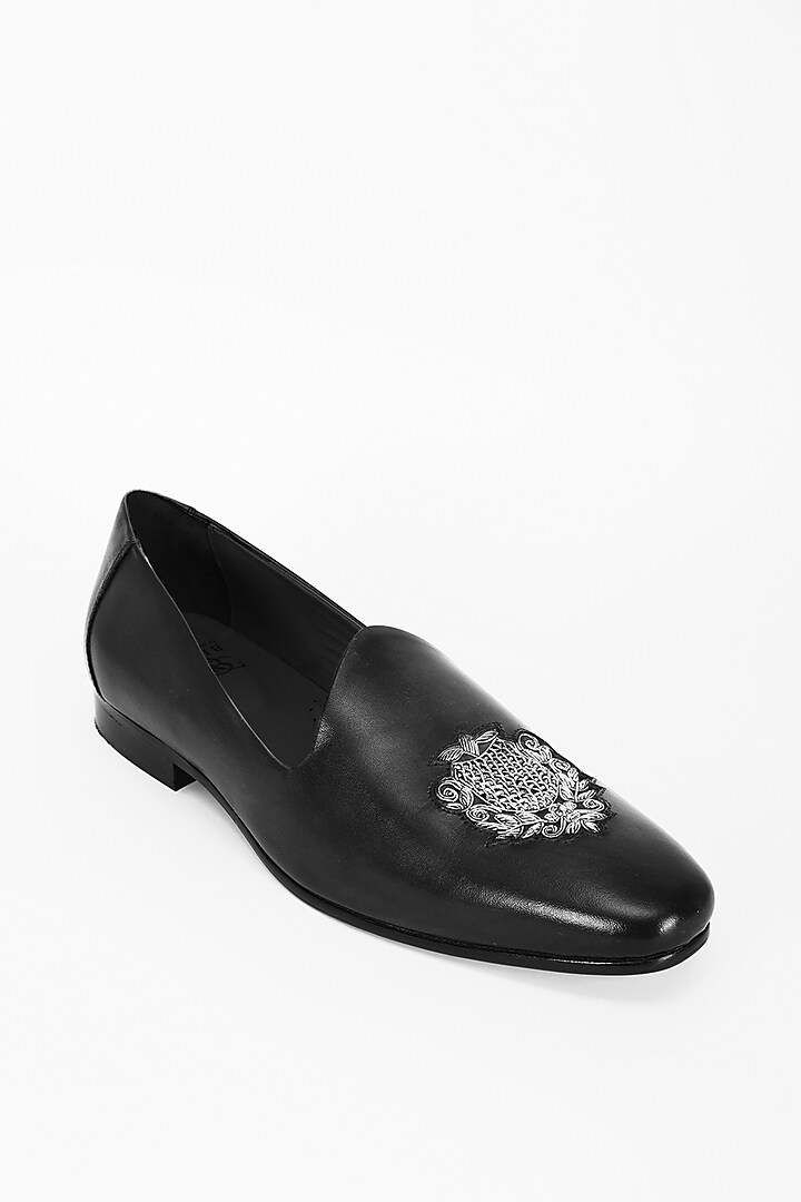 Grey Italian Leather Embroidered Mojris by Bubber Couture at Pernia's Pop Up Shop