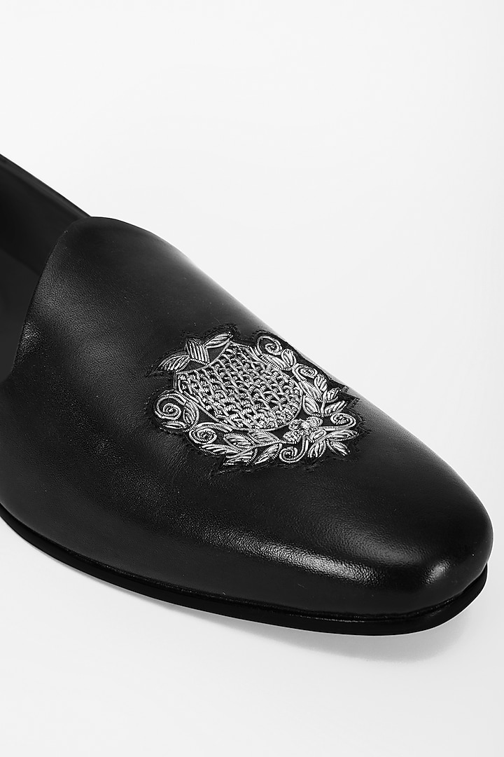 Grey Italian Leather Embroidered Mojris by Bubber Couture at Pernia's Pop Up Shop