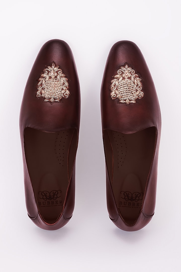 Burgundy Italian Leather Embroidered Mojris by Bubber Couture at Pernia's Pop Up Shop