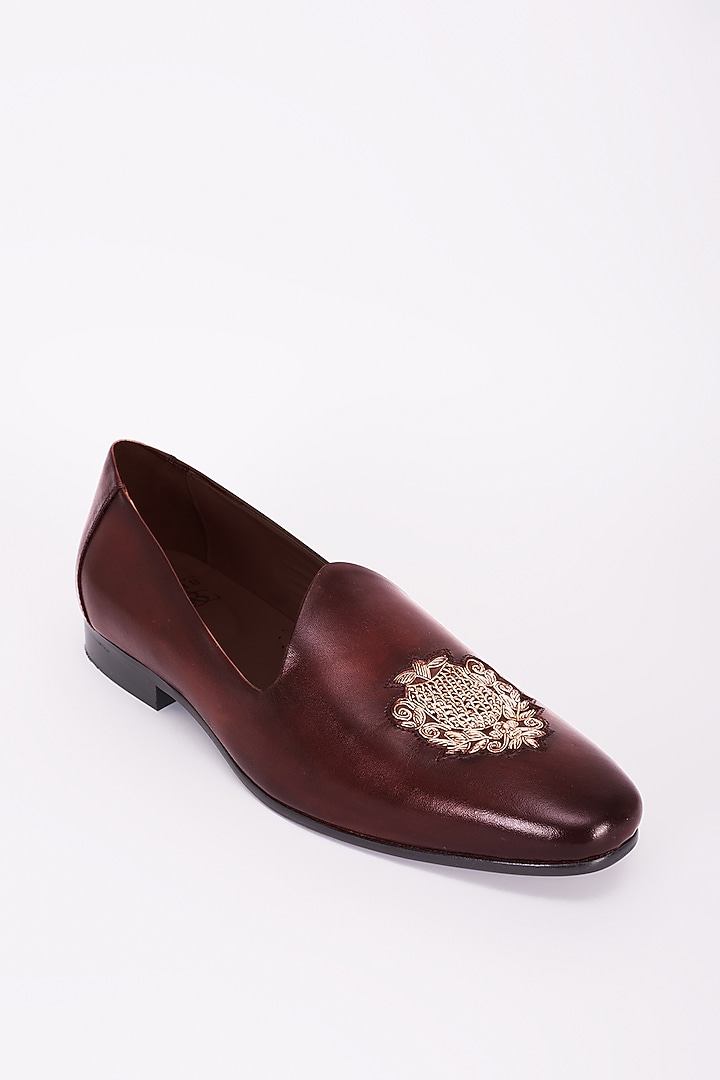 Burgundy Italian Leather Embroidered Mojris by Bubber Couture at Pernia's Pop Up Shop