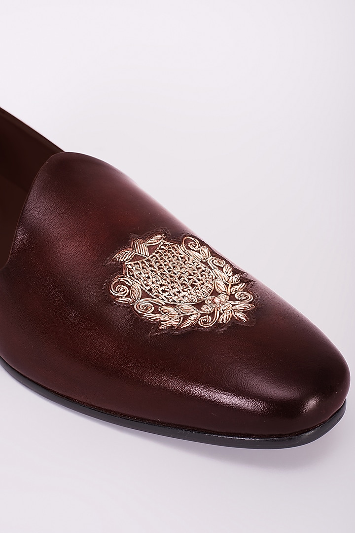 Burgundy Italian Leather Embroidered Mojris by Bubber Couture at Pernia's Pop Up Shop