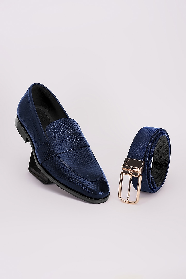 Navy Blue Italian Leather Moccasins & Belt by Bubber Couture at Pernia's Pop Up Shop