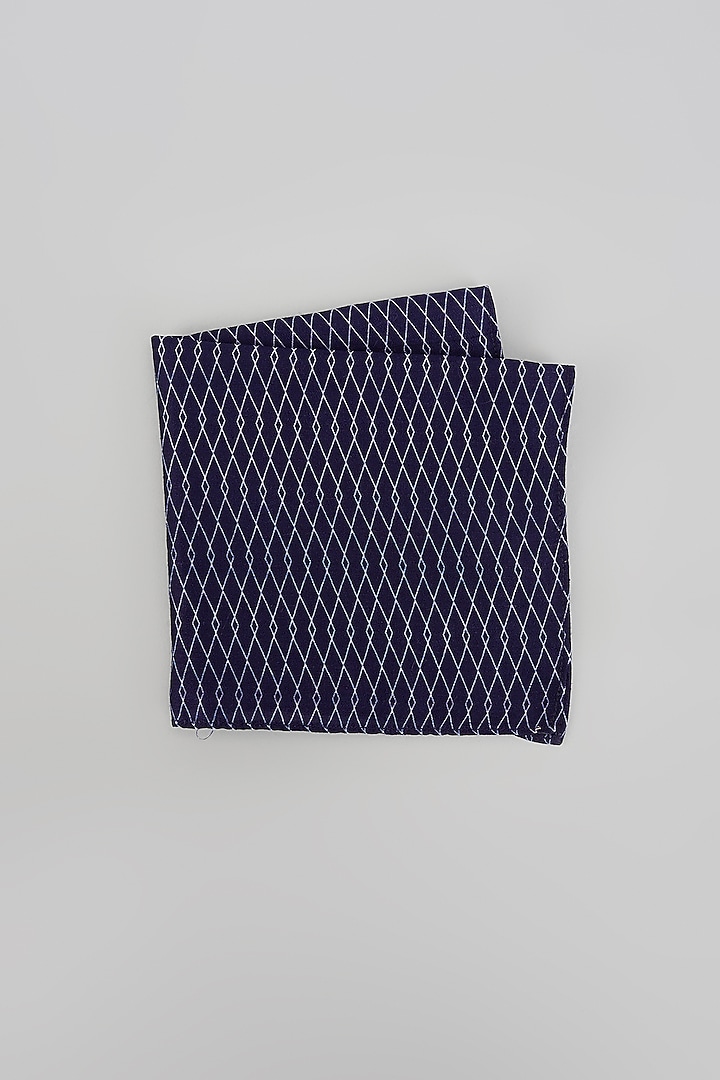 Navy Blue Silk Interlock Digital Printed Pocket Square by Bubber Couture