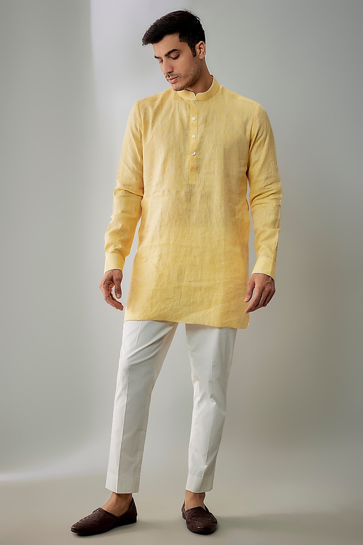 Yellow Linen Short Kurta by Bubber Couture at Pernia's Pop Up Shop