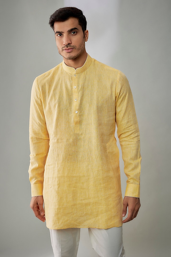 Yellow Linen Short Kurta by Bubber Couture at Pernia's Pop Up Shop